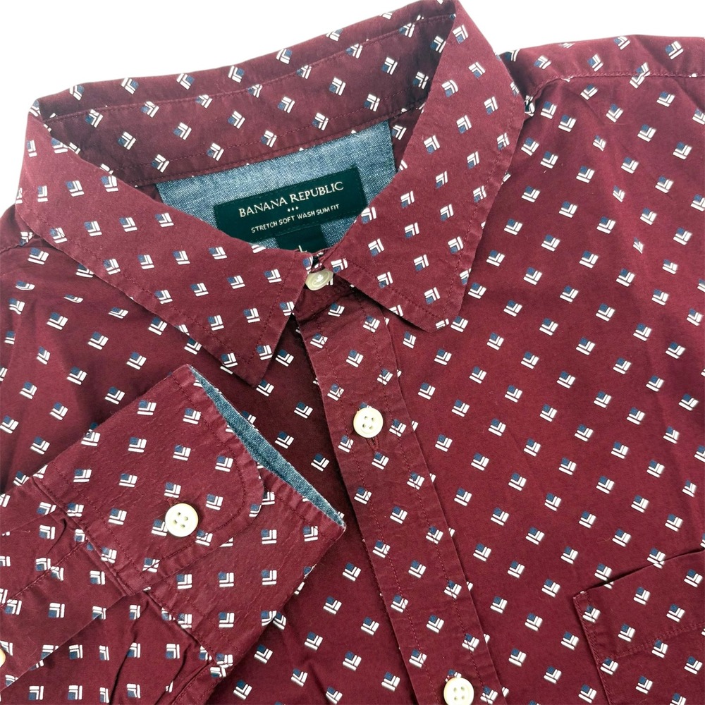 Banana Republic Mens Burgundy Geometric Soft Wash Slim Fit Button Down Shirt L